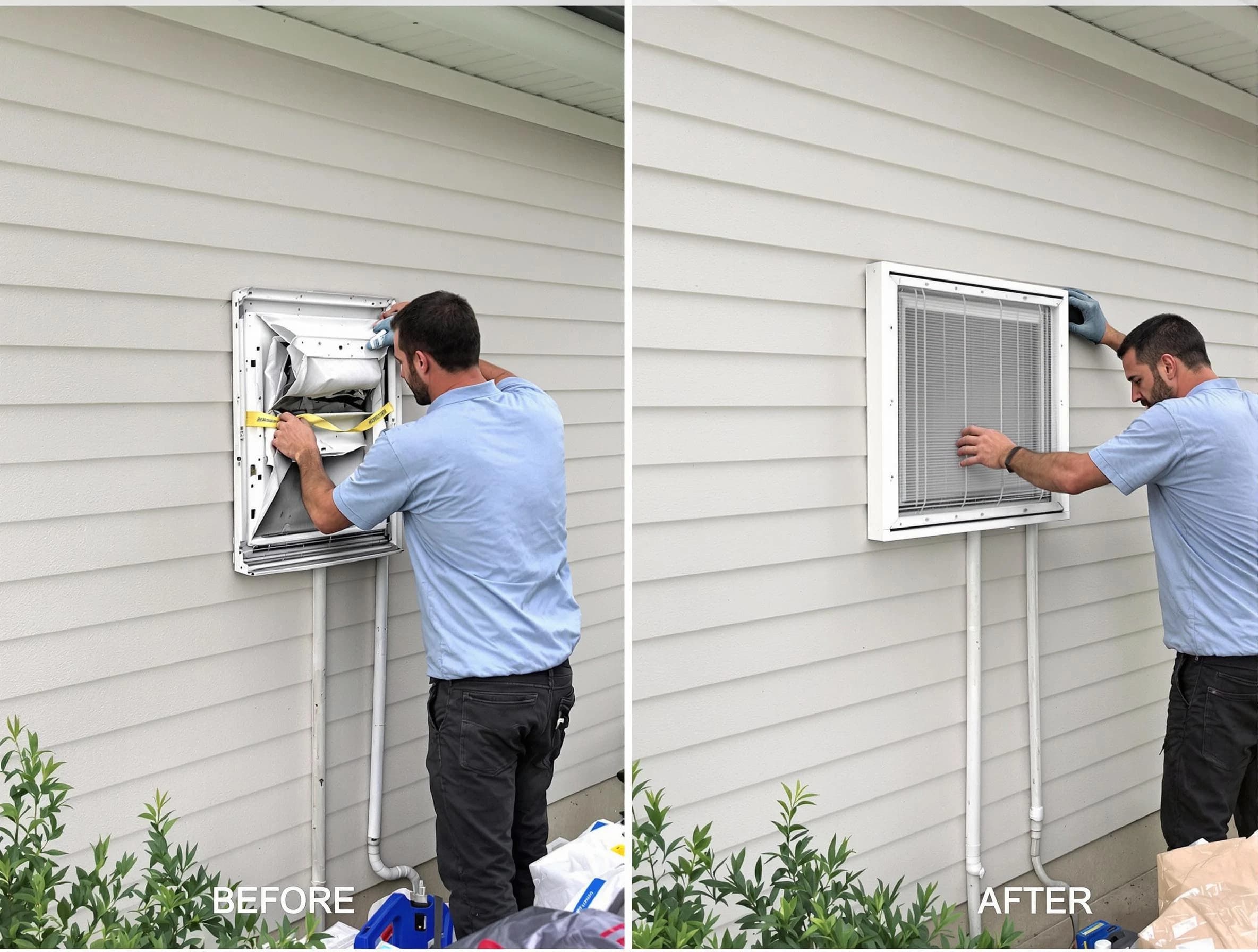 Riverton Dryer Vent Cleaning technician installing high-quality dryer vent cover at a residential property in Riverton