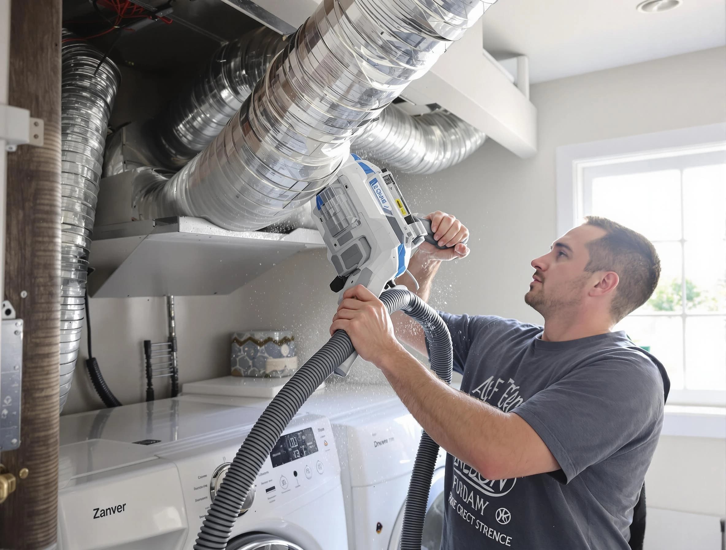 Riverton Dryer Vent Cleaning specialist cleaning deep within a dryer vent duct system in Riverton