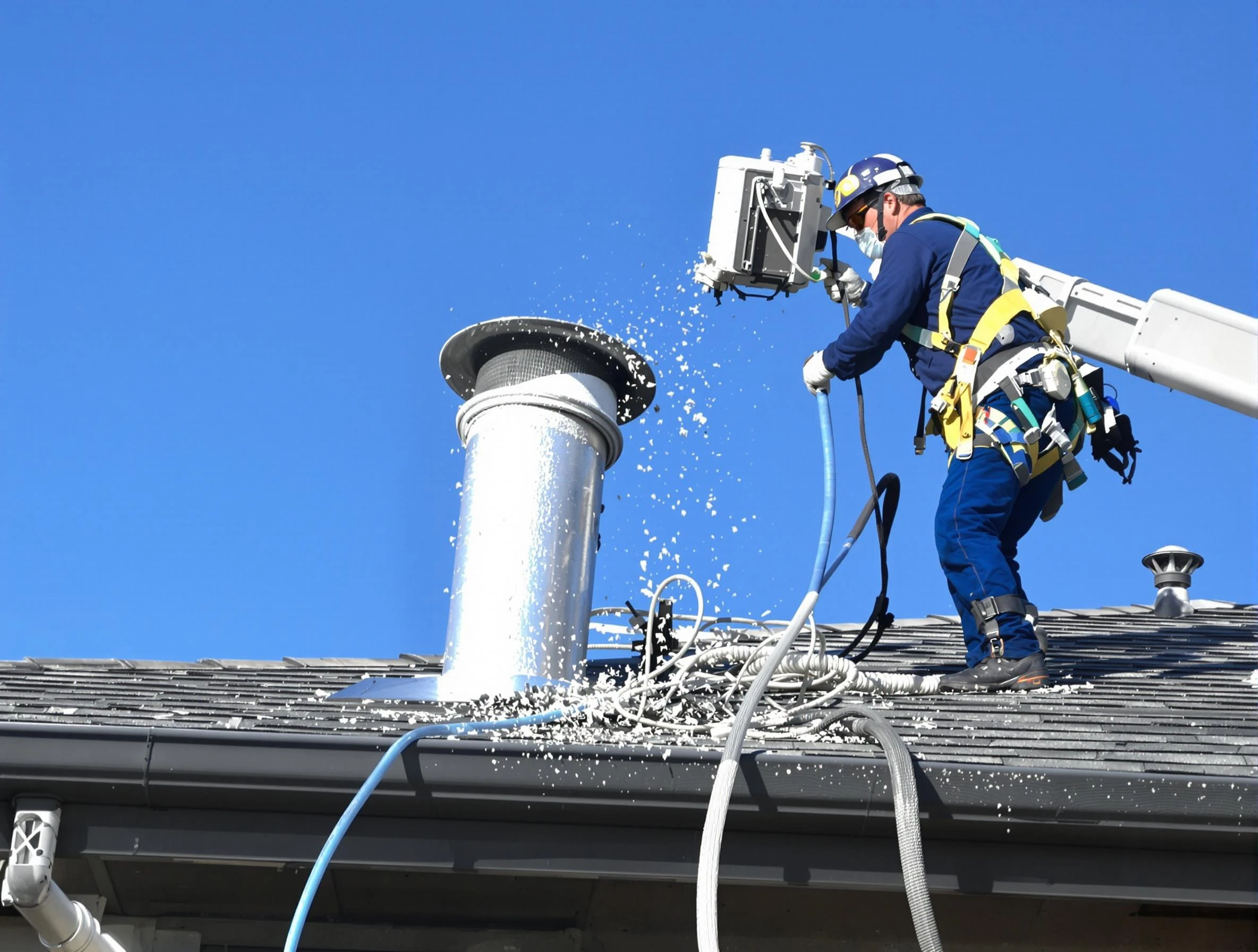 Riverton Dryer Vent Cleaning certified technician safely cleaning a roof-mounted dryer vent in Riverton