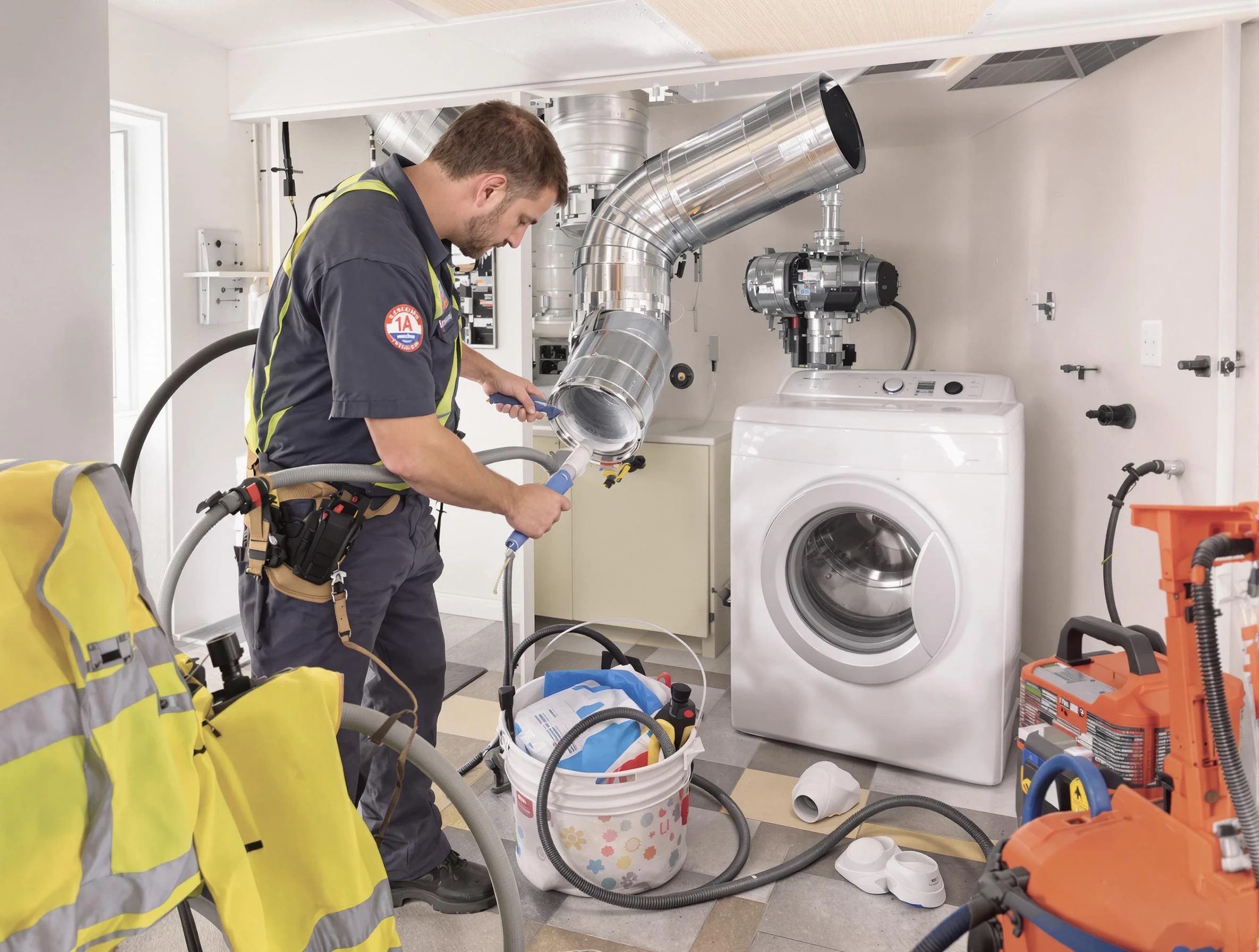 Riverton Dryer Vent Cleaning technician using specialized equipment to clear severe dryer vent blockage in Riverton